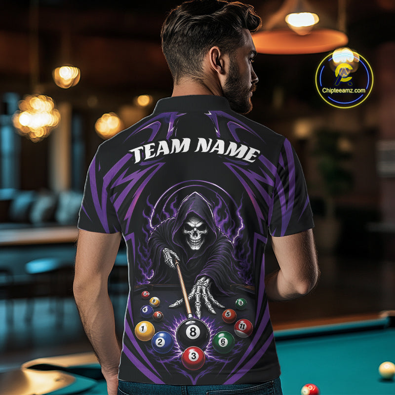 Custom Purple Grim Reaper Billiards Men Polo Shirt, Halloween Pool Team Outfit IPHW11769