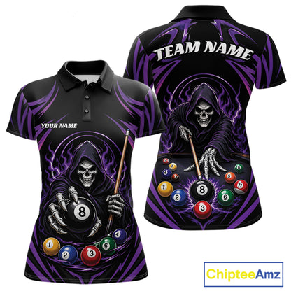 Custom Purple Grim Reaper Billiards Women Polo Shirt, Halloween Pool Team Outfit IPHW11769