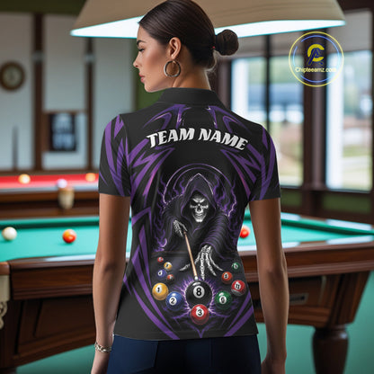Custom Purple Grim Reaper Billiards Women Polo Shirt, Halloween Pool Team Outfit IPHW11769