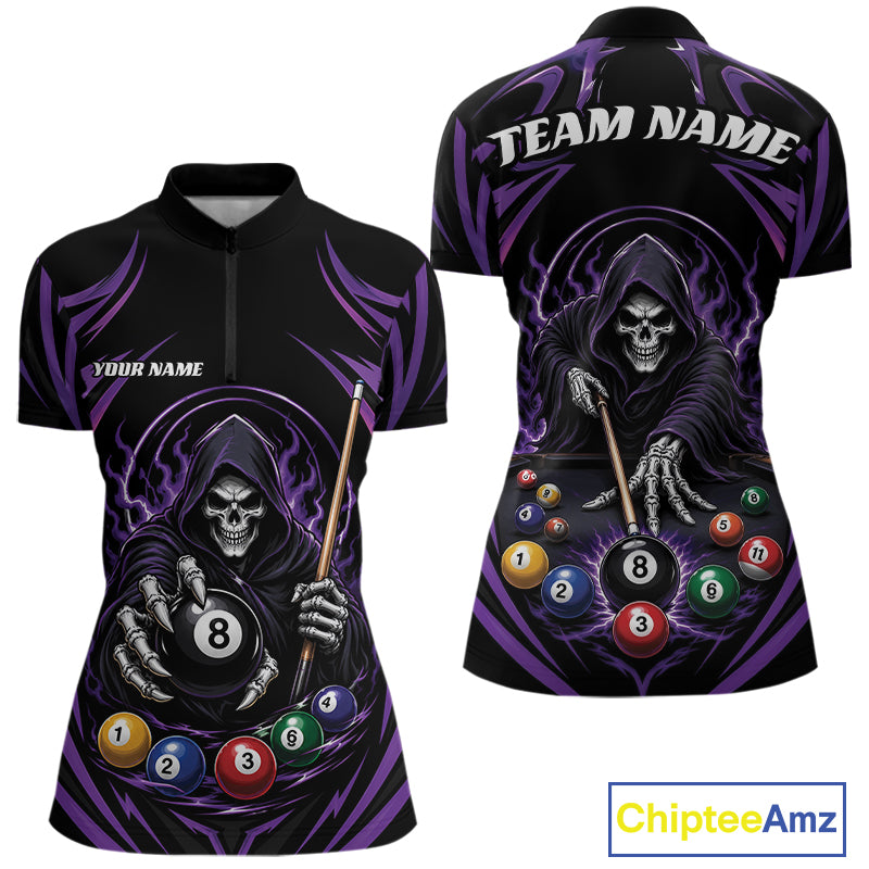 Custom Purple Grim Reaper Billiards Women Quarter-Zip Shirt, Halloween Pool Team Outfit IPHW11769