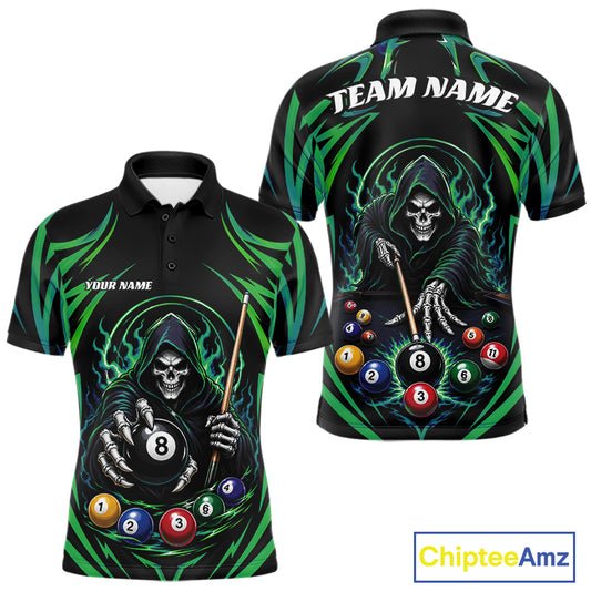 Custom Green Grim Reaper Billiards Men Polo Shirt, Halloween Pool Team Outfit IPHW11770