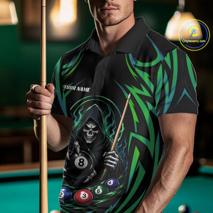 Custom Green Grim Reaper Billiards Men Polo Shirt, Halloween Pool Team Outfit IPHW11770
