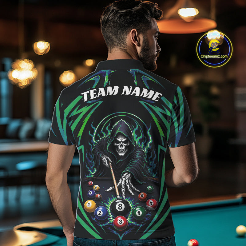 Custom Green Grim Reaper Billiards Men Polo Shirt, Halloween Pool Team Outfit IPHW11770
