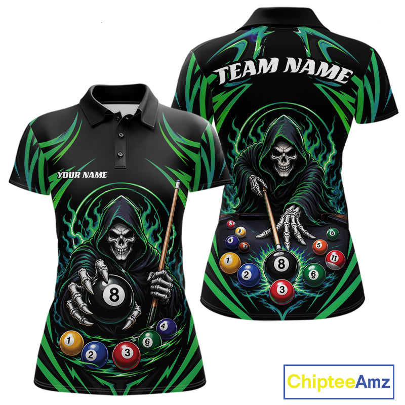 Custom Green Grim Reaper Billiards Women Polo Shirt, Halloween Pool Team Outfit IPHW11770