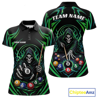 Custom Green Grim Reaper Billiards Women Polo Shirt, Halloween Pool Team Outfit IPHW11770