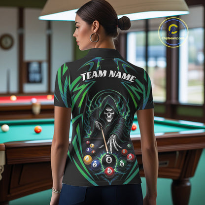 Custom Green Grim Reaper Billiards Women Polo Shirt, Halloween Pool Team Outfit IPHW11770