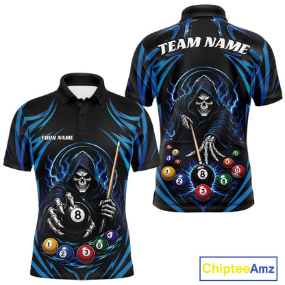 Custom Blue Grim Reaper Billiards Men Polo Shirt, Halloween Pool Team Outfit IPHW11771