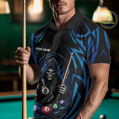 Custom Blue Grim Reaper Billiards Men Polo Shirt, Halloween Pool Team Outfit IPHW11771