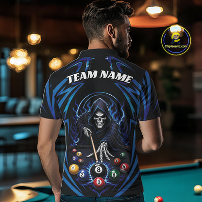 Custom Blue Grim Reaper Billiards Men Polo Shirt, Halloween Pool Team Outfit IPHW11771