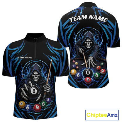 Custom Blue Grim Reaper Billiards Men Quarter Zip Shirt, Halloween Pool Team Outfit IPHW11771