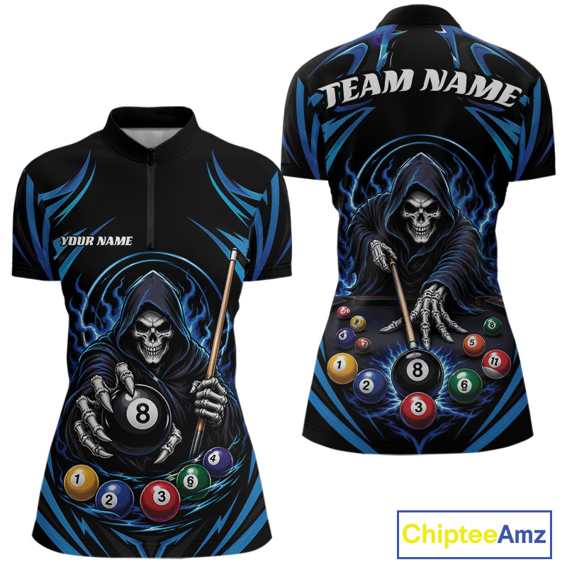 Custom Blue Grim Reaper Billiards Women Quarter-Zip Shirt, Halloween Pool Team Outfit IPHW11771
