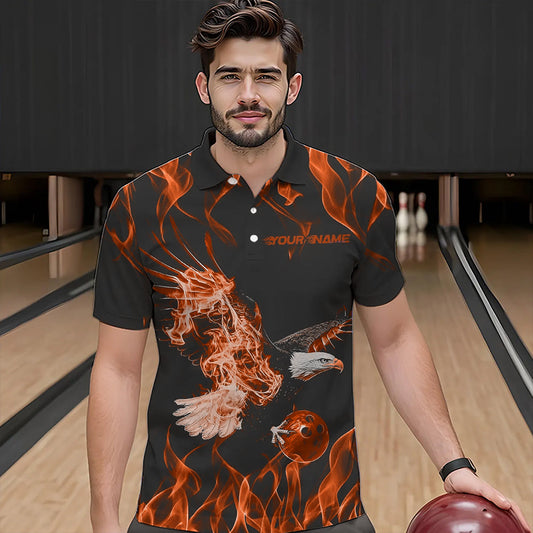 Custom Black And Orange Flame Eagle Bowling Team Men Polo Shirts, Eagle Bowling League Shirt IPHW8792