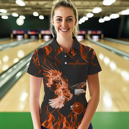 Custom Black And Orange Flame Eagle Bowling Team Women Polo Shirts, Bowling League Shirt IPHW8792