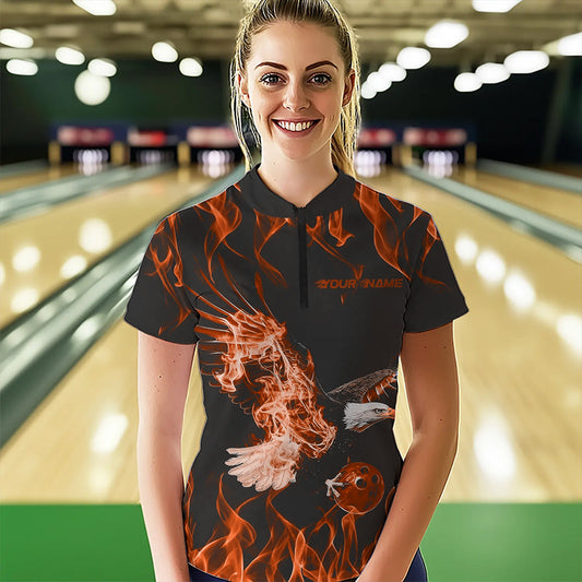 Custom Black And Orange Flame Eagle Bowling Women Quarter-Zip Shirts, Bowling League Shirt IPHW8792