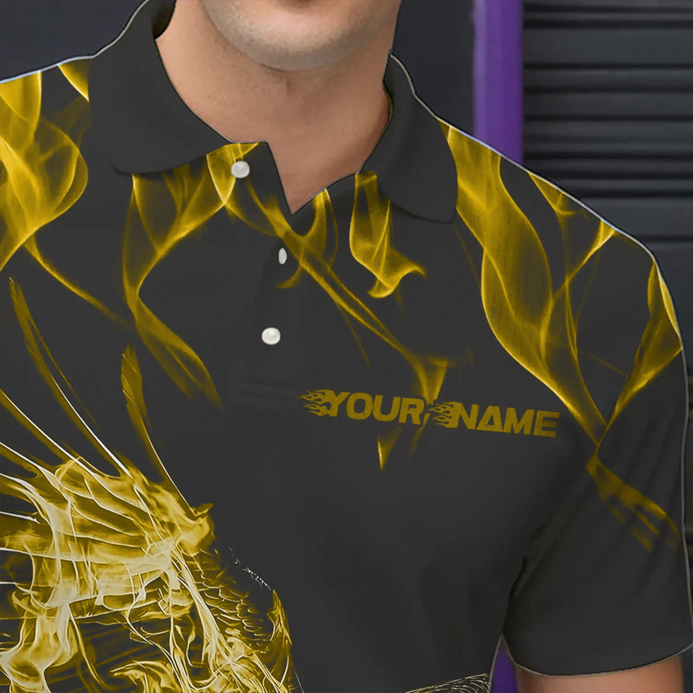 Custom Black And Yellow Flame Eagle Bowling Team Men Polo Shirts, Eagle Bowling League Shirt IPHW8793