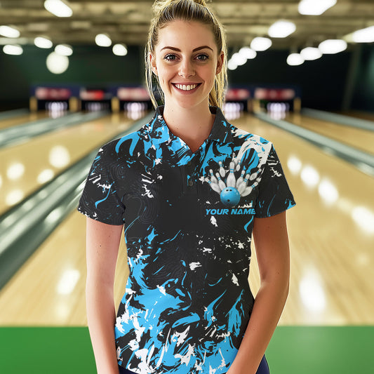 Black, Blue And White Custom Bowling Team Women Polo Shirts, Bowling Ball And Pin Jerseys IPHW8794