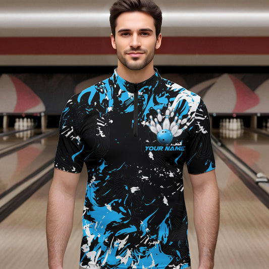 Black, Blue And White Custom Bowling Team Men Quarter-Zip Shirts, Bowling Ball And Pin Jerseys IPHW8794