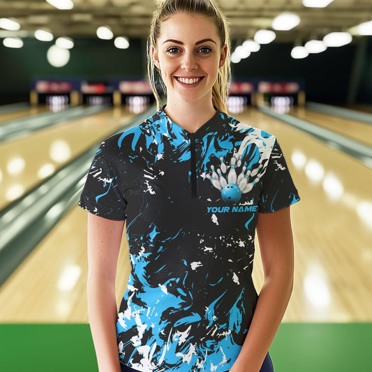 Black, Blue And White Custom Bowling Women Quarter-Zip Shirts, Bowling Ball And Pin Jerseys IPHW8794