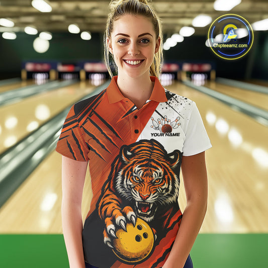 Custom Tiger Bowling Team Polo Shirts For Women, Tiger Claw Bowling Jerseys IPHW9026