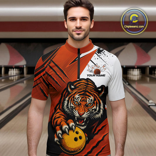 Custom Tiger Bowling Team Quarter-Zip Shirts For Men, Tiger Claw Bowling Jerseys IPHW9026