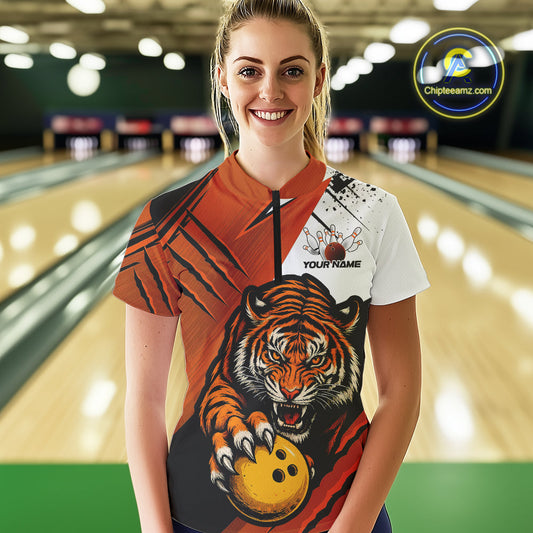 Custom Tiger Bowling Team Quarter-Zip Shirts For Women, Tiger Claw Bowling Jerseys IPHW9026