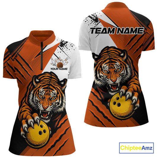 Custom Tiger Bowling Team Quarter-Zip Shirts For Women, Tiger Claw Bowling Jerseys IPHW9026