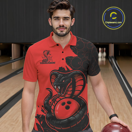 Custom Black And Red Cobra Snake Bowling Men Polo Shirts Team Uniform Bowling Pattern IPHW9032