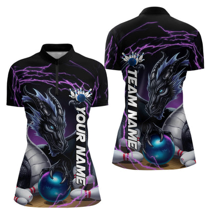 Blue And Purple Thunder Lightning Custom Dragon Bowling Team Quarter-Zip Shirts For Women IPHW8317
