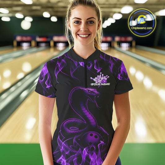 Custom Black And Purple Flame Cobra Snake Bowling Women Quarter-Zip Shirts, Team Shirt IPHW9041