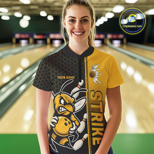 Custom Strike Bee Bowling Quarter-Zip Shirts For Women, Bee Bowling Team Bowlers Outfit IPHW9047