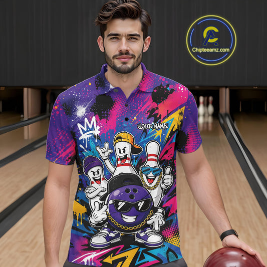 Custom Funny Colorful Hiphop Bowling Men Polo Team Shirt, Graffity Bowling Jerseys IPHW11804