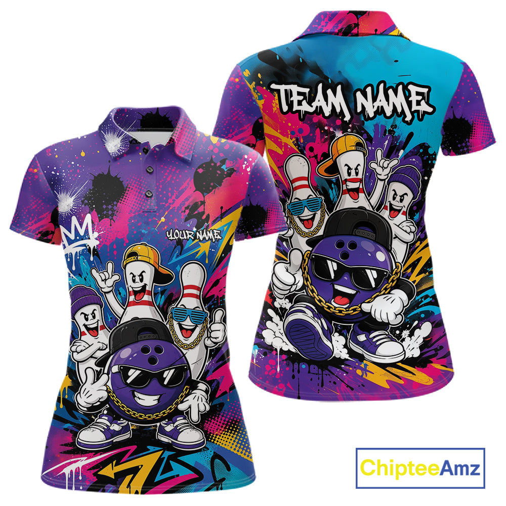 Custom Funny Colorful Hiphop Bowling Women Polo Team Shirt, Graffity Bowling Jerseys IPHW11804