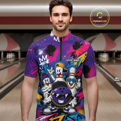 Custom Funny Colorful Hiphop Bowling Men Quarter Zip Team Shirt, Graffity Bowling Jerseys IPHW11804
