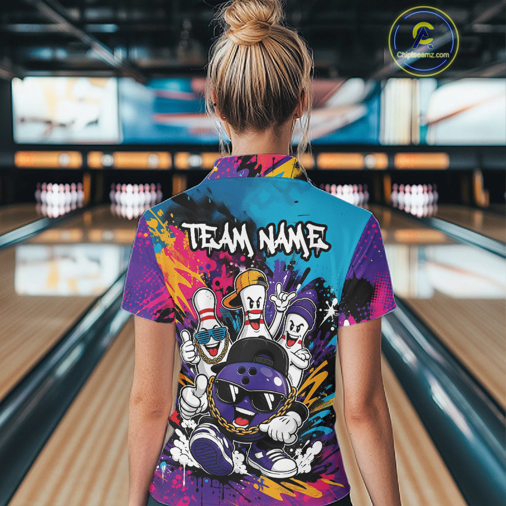 Custom Funny Colorful Hiphop Bowling Women Quarter-Zip Shirt, Graffity Bowling Jerseys IPHW11804