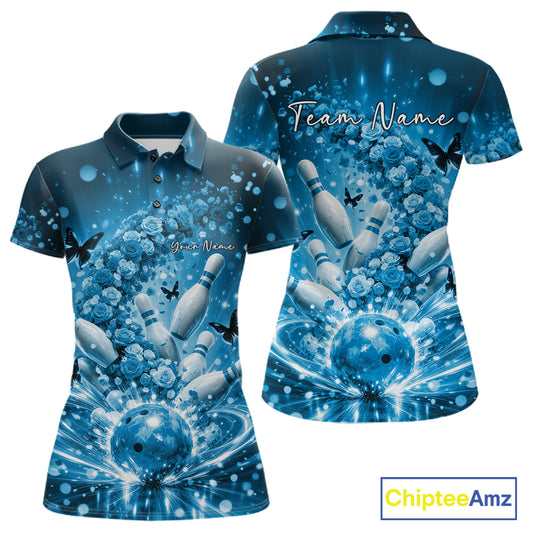 Custom Blue Roses And Butterfly Women Bowling Shirt, Flower Ladies Bowling Jerseys IPHW10894