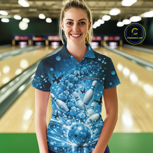 Custom Blue Roses And Butterfly Women Bowling Shirt, Flower Ladies Bowling Jerseys IPHW10894