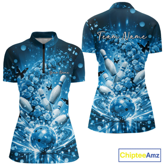 Custom Blue Roses And Butterfly Women Bowling Shirt, Flower Ladies Bowling Jerseys IPHW10894
