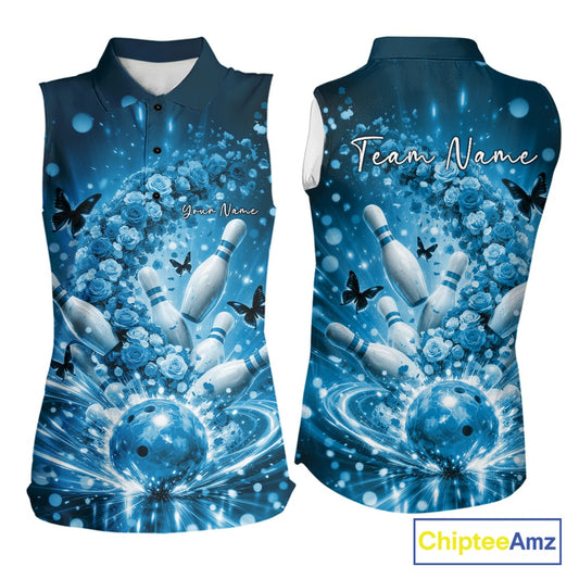 Custom Blue Roses And Butterfly Women Bowling Shirt, Flower Ladies Bowling Jerseys IPHW10894