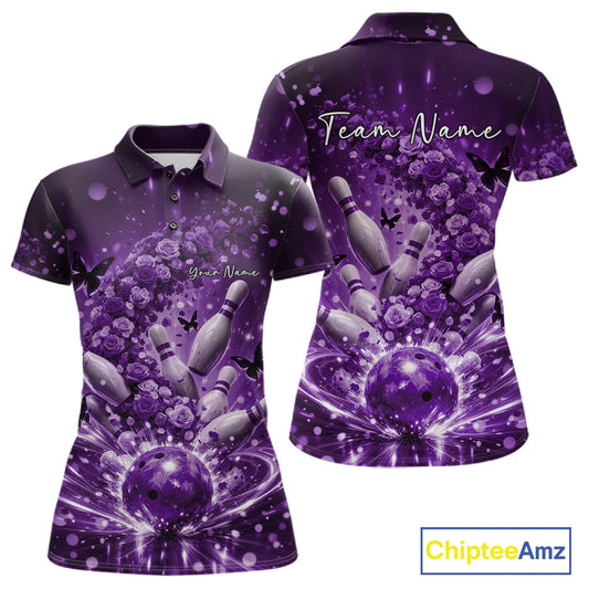 Custom Purple Roses And Butterfly Women Bowling Shirt, Flower Ladies Bowling Jerseys IPHW10895