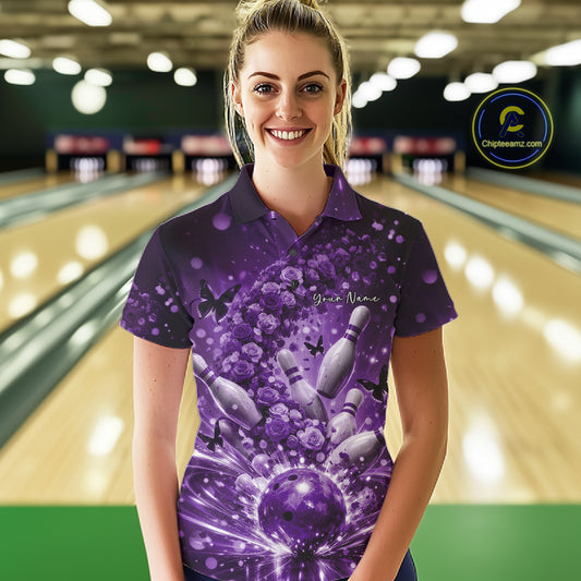 Custom Purple Roses And Butterfly Women Bowling Shirt, Flower Ladies Bowling Jerseys IPHW10895