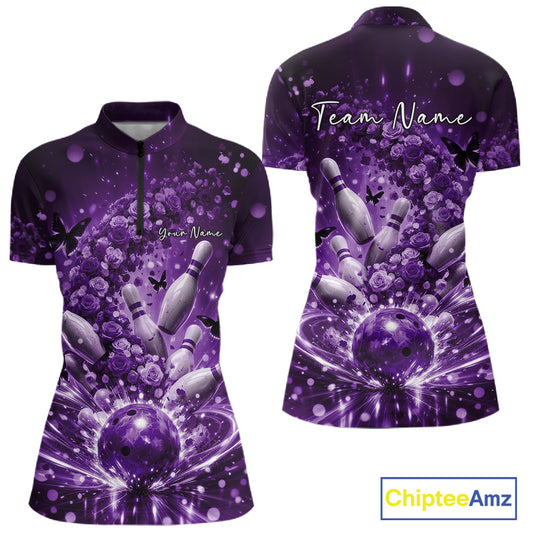 Custom Purple Roses And Butterfly Women Bowling Shirt, Flower Ladies Bowling Jerseys IPHW10895
