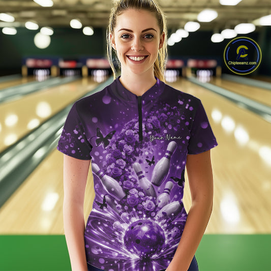 Custom Purple Roses And Butterfly Women Bowling Shirt, Flower Ladies Bowling Jerseys IPHW10895