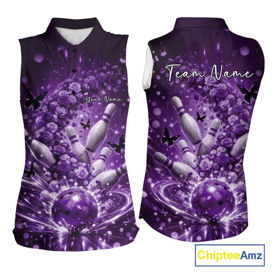 Custom Purple Roses And Butterfly Women Bowling Shirt, Flower Ladies Bowling Jerseys IPHW10895