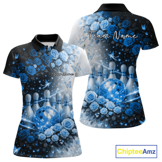Custom Dreamy Blue Roses And Butterfly Women Bowling Polo Shirt, Ladies Bowling Shirt IPHW10897