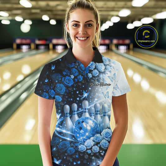 Custom Dreamy Blue Roses And Butterfly Women Bowling Polo Shirt, Ladies Bowling Shirt IPHW10897