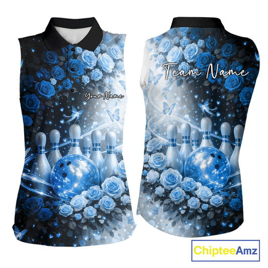 Custom Dreamy Blue Roses And Butterfly Women Bowling Sleeveless Polo Shirt, Ladies Bowling Shirt IPHW10897