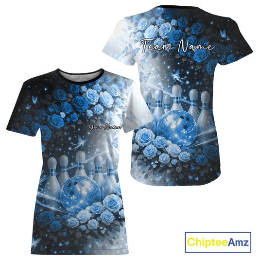 Custom Dreamy Blue Roses And Butterfly Women Bowling T-Shirts, Ladies Bowling IPHW10897