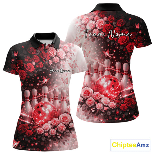 Custom Dreamy Red Roses And Butterfly Women Bowling Polo Shirt, Ladies Bowling Shirt IPHW10898