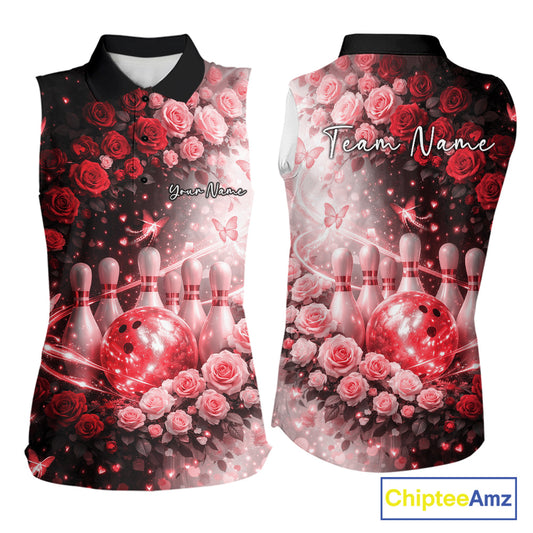 Custom Dreamy Red Roses And Butterfly Women Bowling Sleeveless Polo Shirt, Ladies Bowling Shirt IPHW10898