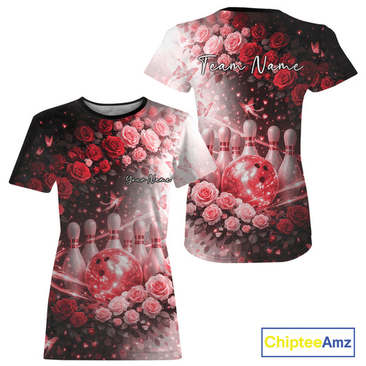 Custom Dreamy Red Roses And Butterfly Women Bowling T-Shirts, Ladies Bowling IPHW10898